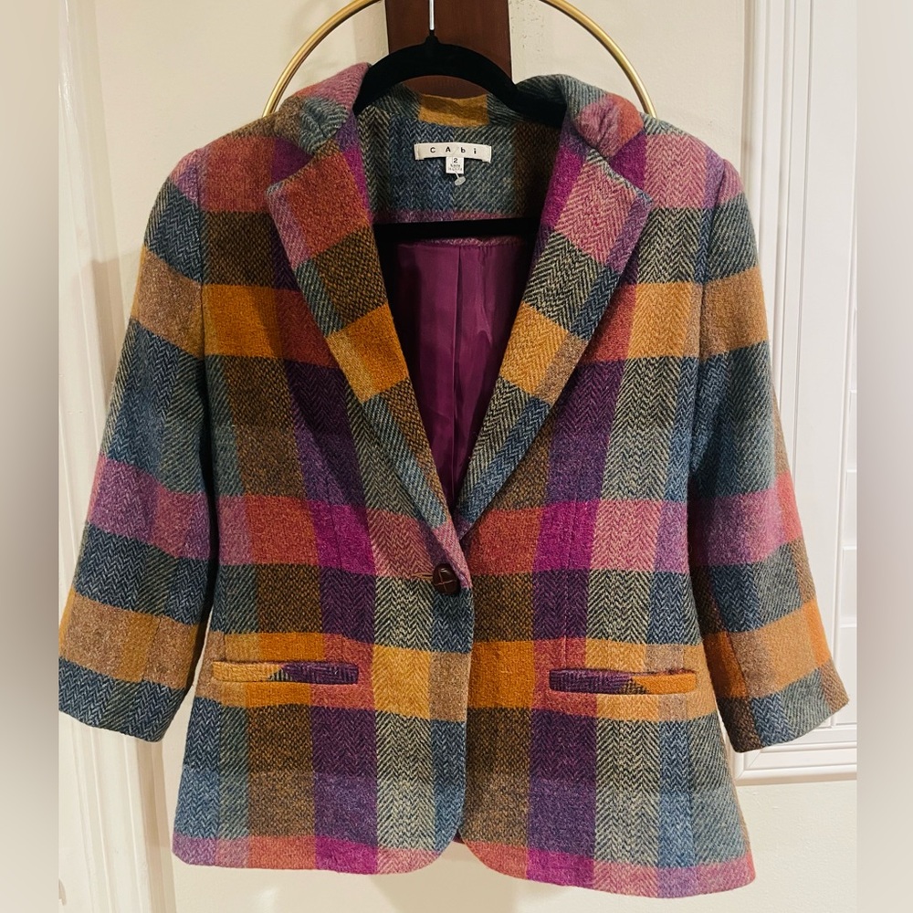 CAbi Multicolor Plaid Wool-Blend Blazer in Gold, Purple & Pink
